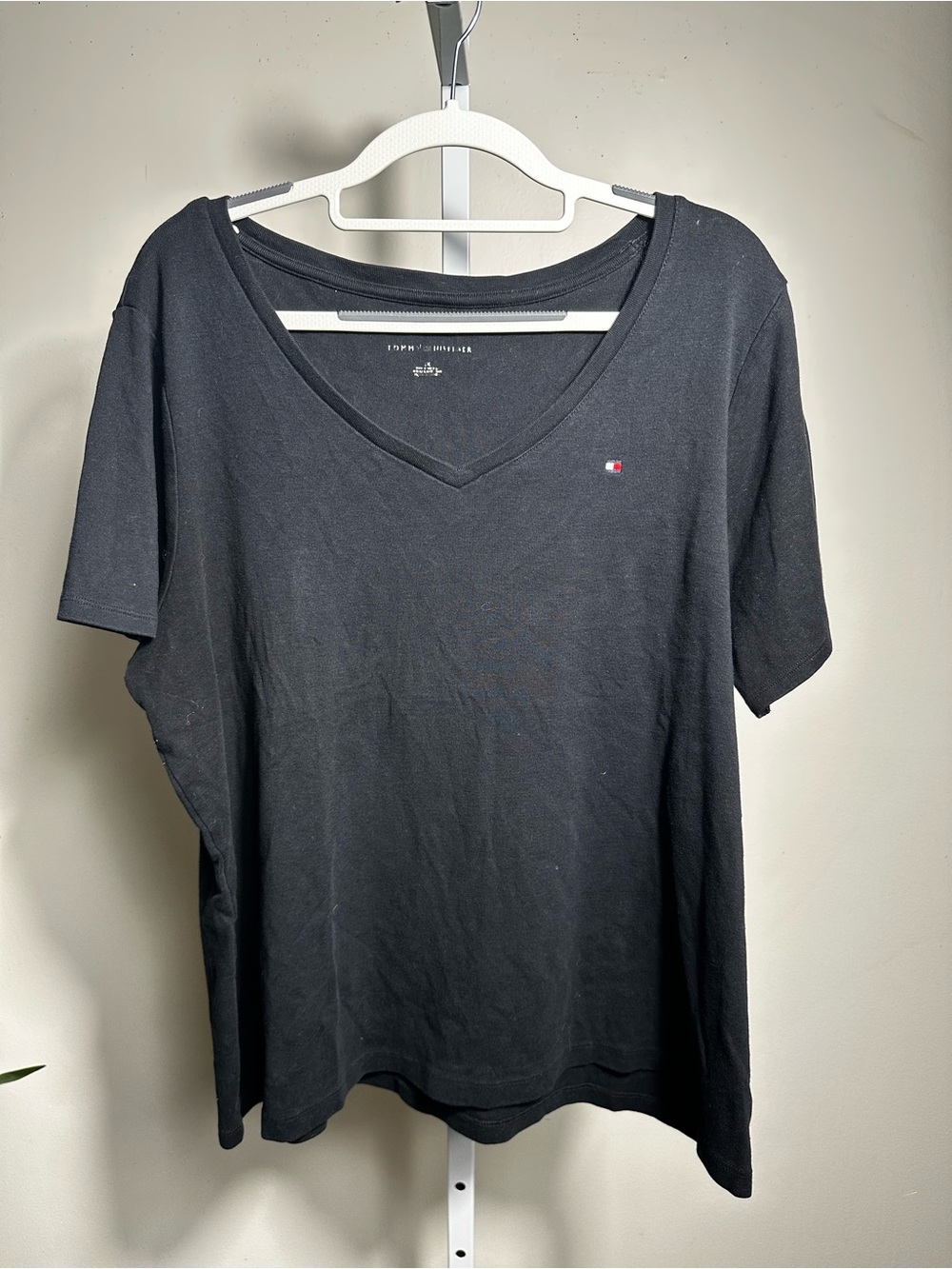 S31. Tommy Hilfiger Black V-Neck Short Sleeve Tee with Flag Logo